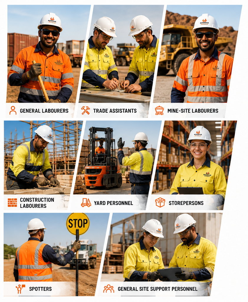 Marrak Boodja workforce roles including labourers, trade assistants, mine-site labourers, yard personnel, storepersons and site support personnel